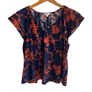 Terra & Sky Pretty Navy and Orange Floral Blouse Cotton Blend Size 14W
